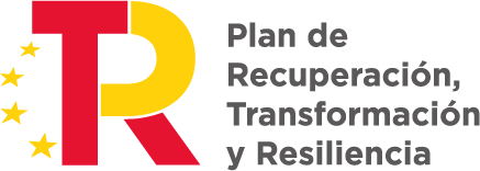 Logo del Plan de Recuperación, Transformación y Resiliencia, que incluye las letras "R" y "T" en rojo y amarillo, representando los colores de España, con estrellas alrededor.