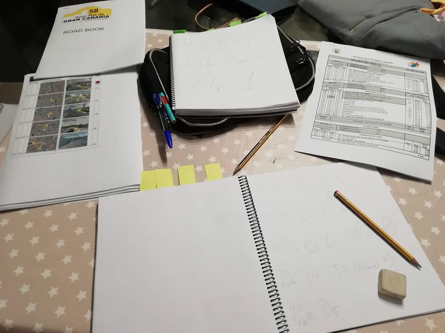 Libreta de notas, road book y hojas de tiempos preparados antes de un rally